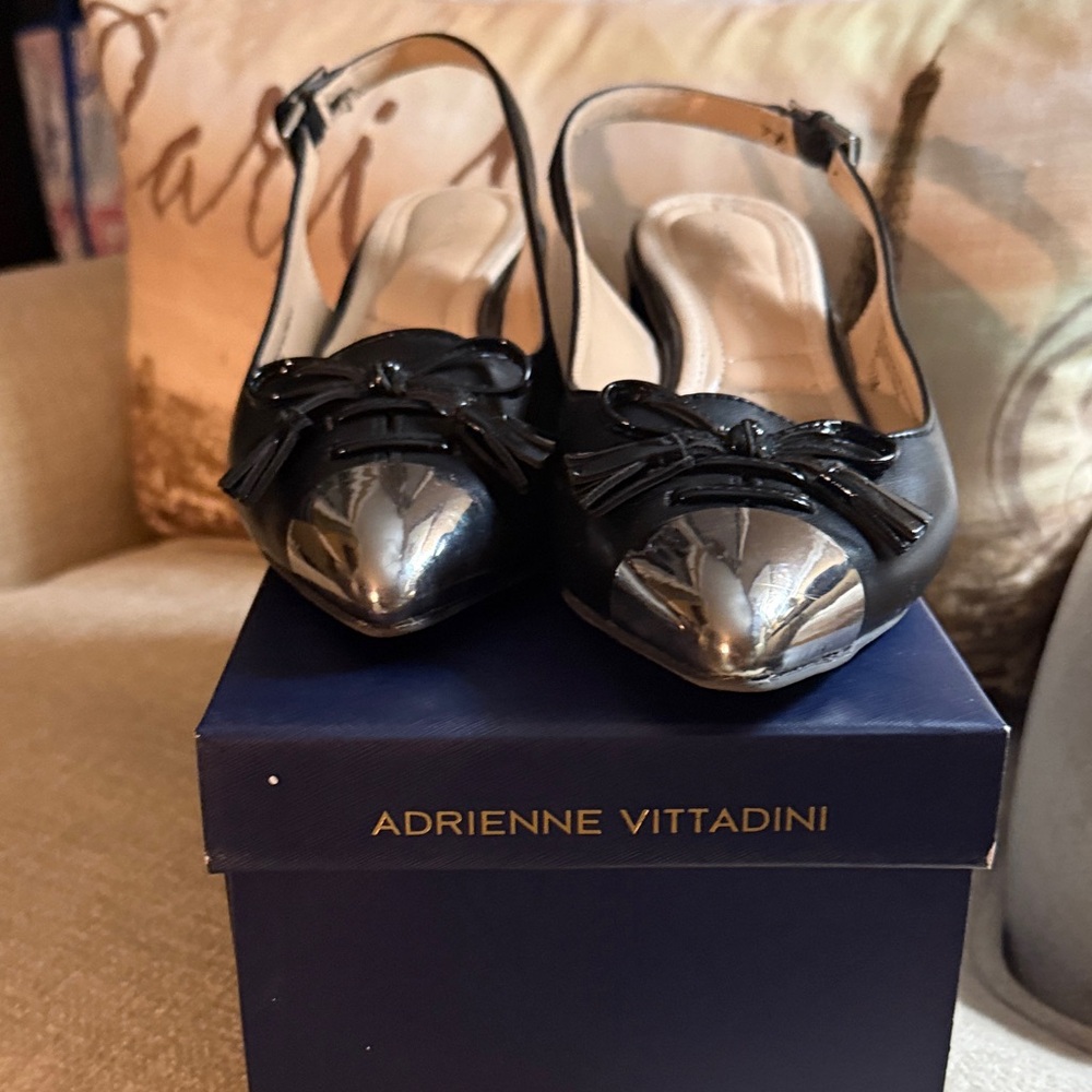 Adrienne Vittadini Black and Silver Sling Back with Block Heel